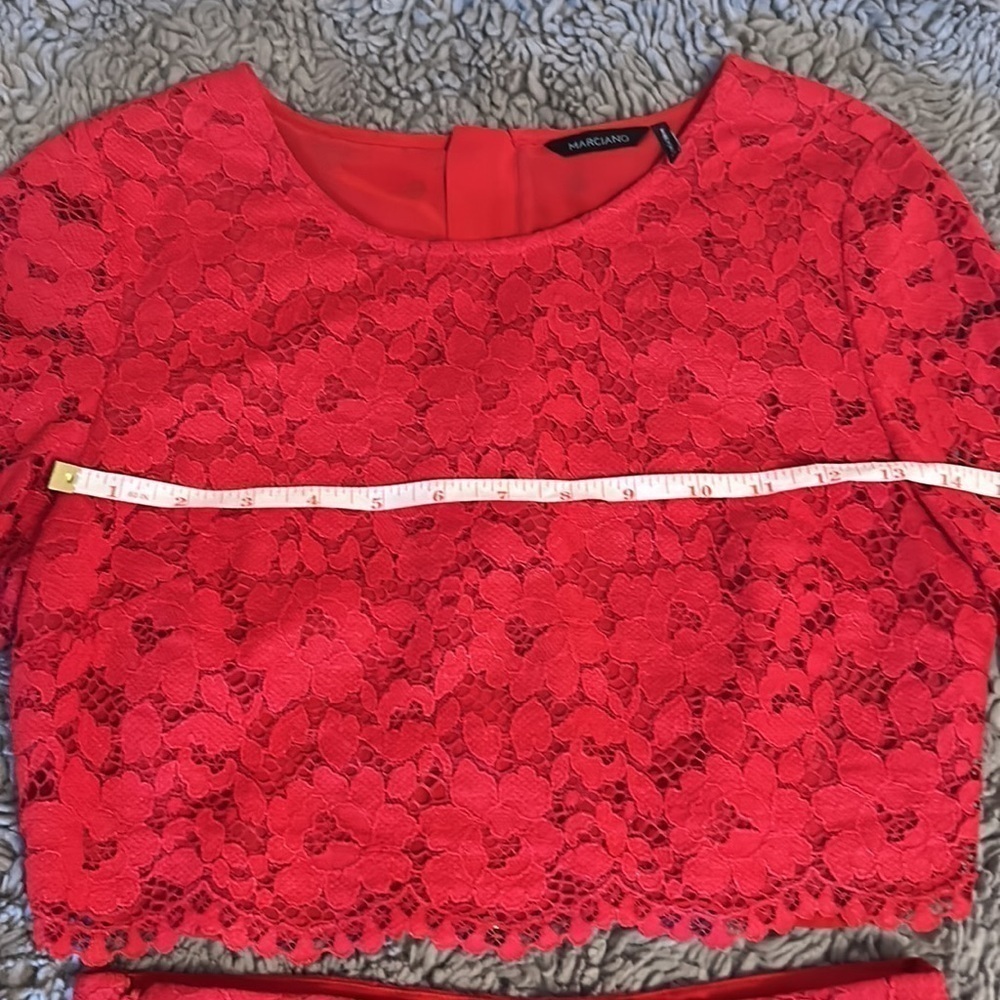 Marciano Red Hot Rebelle Metallic Lace Piya Long Sleeve Crop Top + Skirt Set - Picture 14 of 16